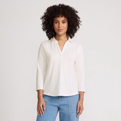 Lands' End Women's 3/4 Sleeve Slub Polo Top