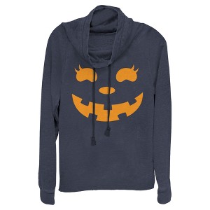 Juniors Womens CHIN UP Halloween Jack o' Lantern Face Cowl Neck Sweatshirt - 1 of 4