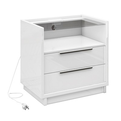 AMERLIFE Nightstand, 23.6" Bedside Table with Charging Station, Glass Top, 2 Drawers & Open Shelf, High Gloss, Easy Assembly, Bedroom Storage, White