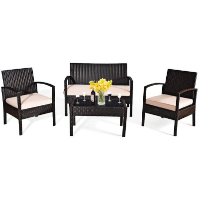 Costway 4PCS Patio Rattan Conversation Furniture Set Cushioned Seat Glass Table