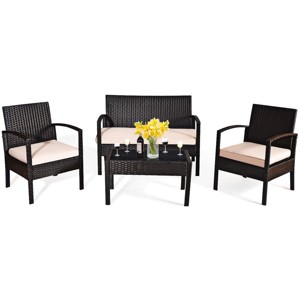 Costway 4PCS Patio Rattan Conversation Furniture Set Cushioned Seat Glass Table - 1 of 4