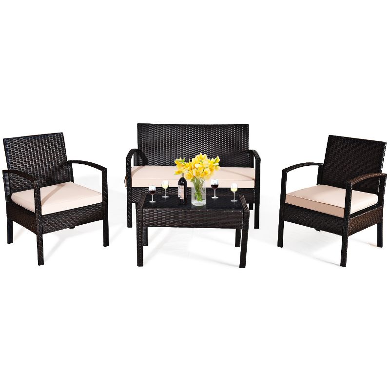 Costway 4PCS Patio Rattan Conversation Furniture Set Cushioned Seat Glass Table, 1 of 9