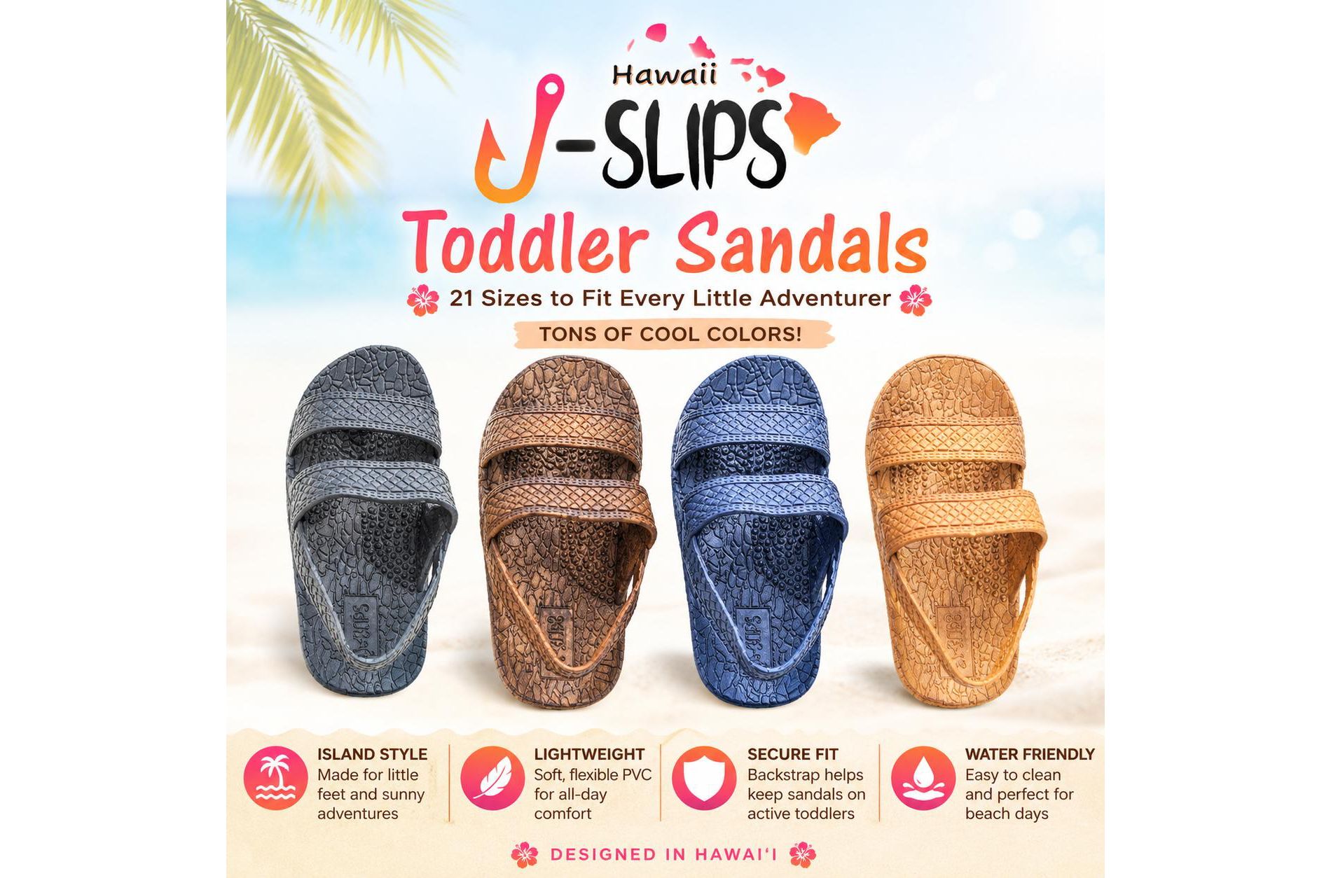 J-Slips HawaiianToddler Kids Sandals in Classic Colors w/ Back Strap