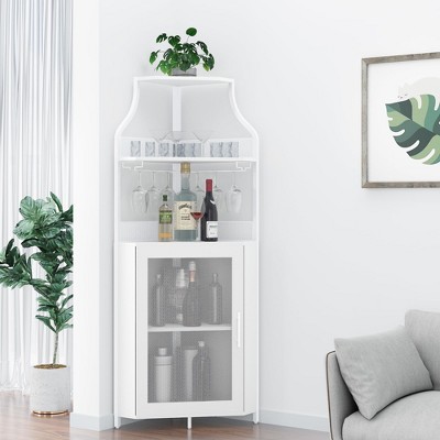 Corner Wine Bar Rack Cabinet with Detachable Wine Rack, Home Bar Cabinet with Barn Door and Adjustable Shelf