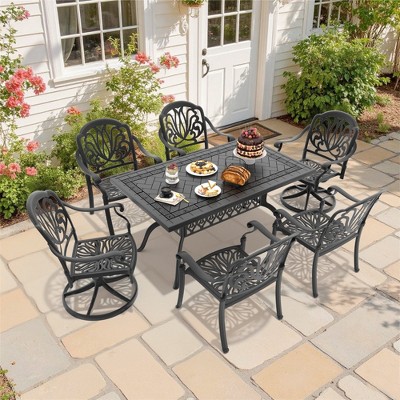 7-Piece Cast Aluminum Patio Dining Set with Rectangle  Table, 2 swivel chairs and 4 fixed dining chairs, Brown Cushions