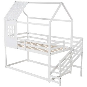 Costway Twin House Bunk Bed with Stairs Roof Rails & Window Full-length Guardrails - 1 of 4