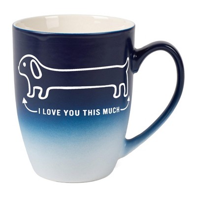 Elanze Designs Witty Pet Lover Coffee Cup Mug 12 Ounce Ceramic With Ombre Gradient Love You This Much Weiner Dog Navy Blue and White