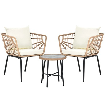 3-Piece Beige Outdoor Patio Furniture Wicker Bistro Set, With 2 Chairs and Coffee Table, Cushions and Lumbar Pillows