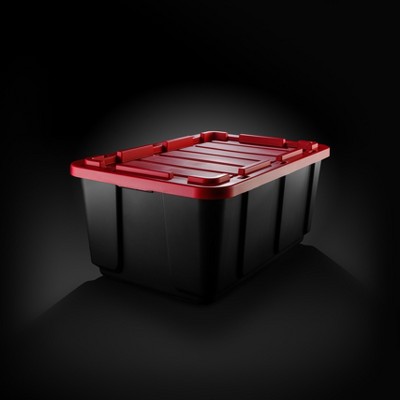 Heavy-Duty Black and Red Stackable Plastic Storage Bins with Lids