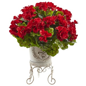 Nearly Natural Geranium with Metal Planter UV Resistant (Indoor/Outdoor), Red - 1 of 1