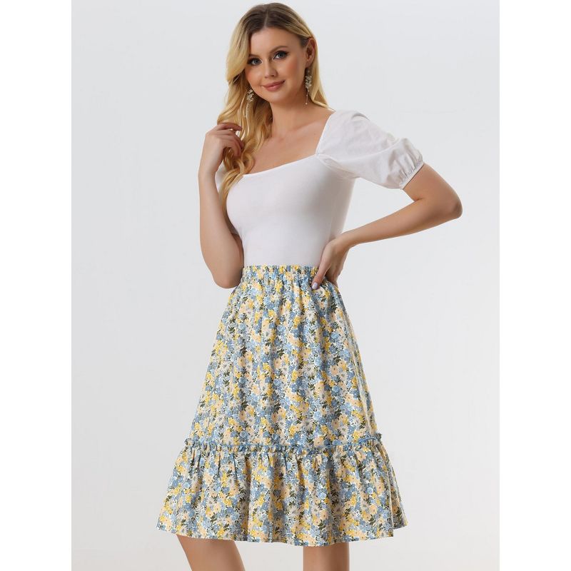 Allegra K Women's Ruffle Hem Elastic Waist Flowy A-Line Swing Floral Midi Skirt, 2 of 6