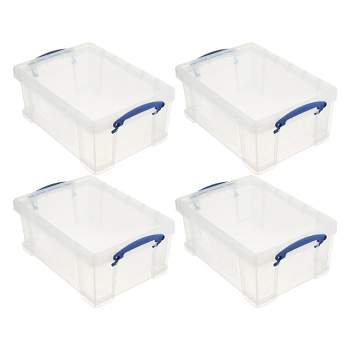 Really Useful Box 9 Liters Transparent Storage Container with Snap Lid and Clip Lock Handle for Lidded Home and Item Storage Bin, 4 Pack