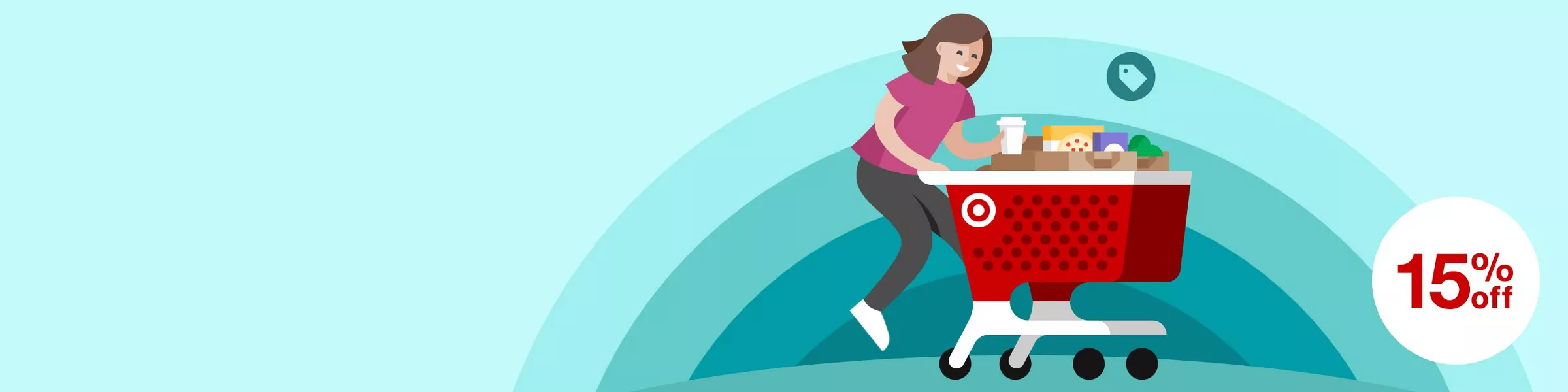 Animation of woman wheeling shopping cart with groceries popping in and and out