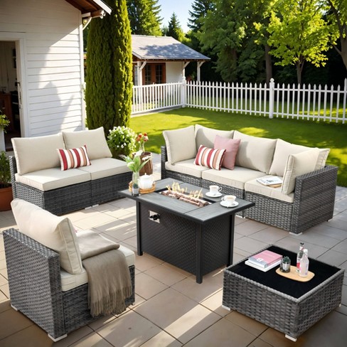 Venice 8pc Wicker Outdoor Patio Furniture Set Conversation Sofa With A Metal Fire Pit And Cushions Target
