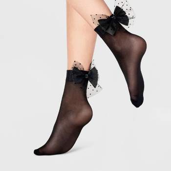 Women's Sheer Anklet Socks with Mesh Polka Dot Bow - A New Day™ Black 4-10