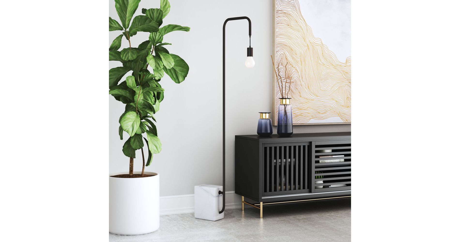Zuo Modern Lancia Floor Lamp – Black with Marble Base, 59.1" H, Copper-Red Body, Industrial Accent Lighting