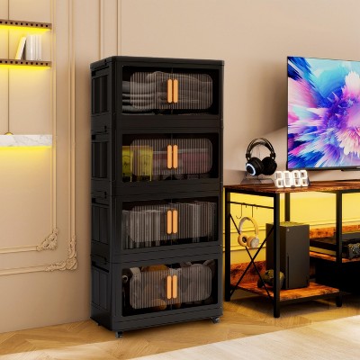 KWPZQEB Plastic Tall Storage Cabinet with Movable Wheels, Magnetic Doors, Foldable Plastic Organizers and Storage for Bathroom, Living Room, Black