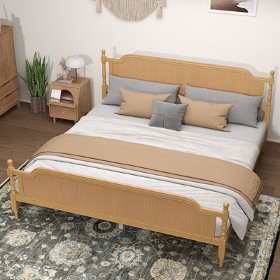 PAGED Rattan Bed Frame Platform Bed Frame with Natural Headboard and Footboard, No Box Spring Needed