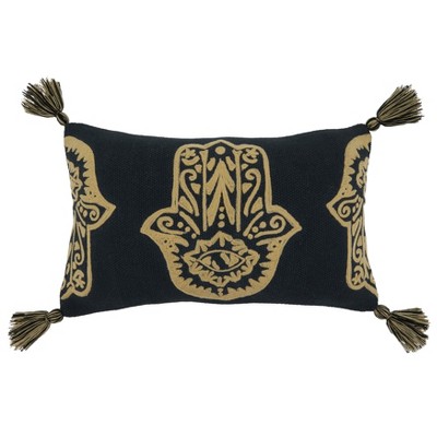 Saro Lifestyle Hamsa Hand Embroidered  Decorative Pillow Cover, Black, 12"x20"
