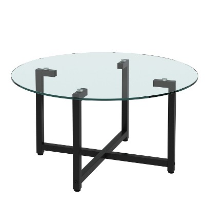 NicBex Modern 35.44" Round Coffee Table with Tempered Glass Top and Metal Cross Legs for Living Room and Bedroom