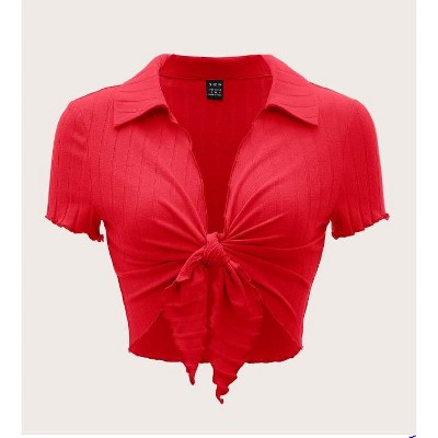 TIME HOLLOW Lettuce Trim Knot Front Crop Top