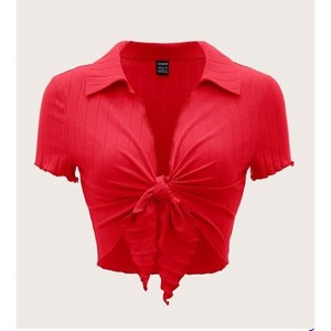 TIME HOLLOW Lettuce Trim Knot Front Crop Top - 1 of 3