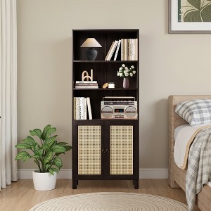 MAYEERTY 5-Shelf Bookcase with Rattan Doors, Tall Display Shelves - Home Office, Bedroom, Black - 1 of 4