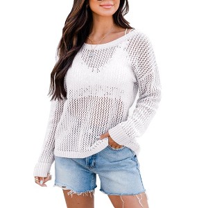 Women's Crochet Tops Long Sleeve Hollow Out Beach Summer Sweater Boho Knit Coverup - 1 of 1