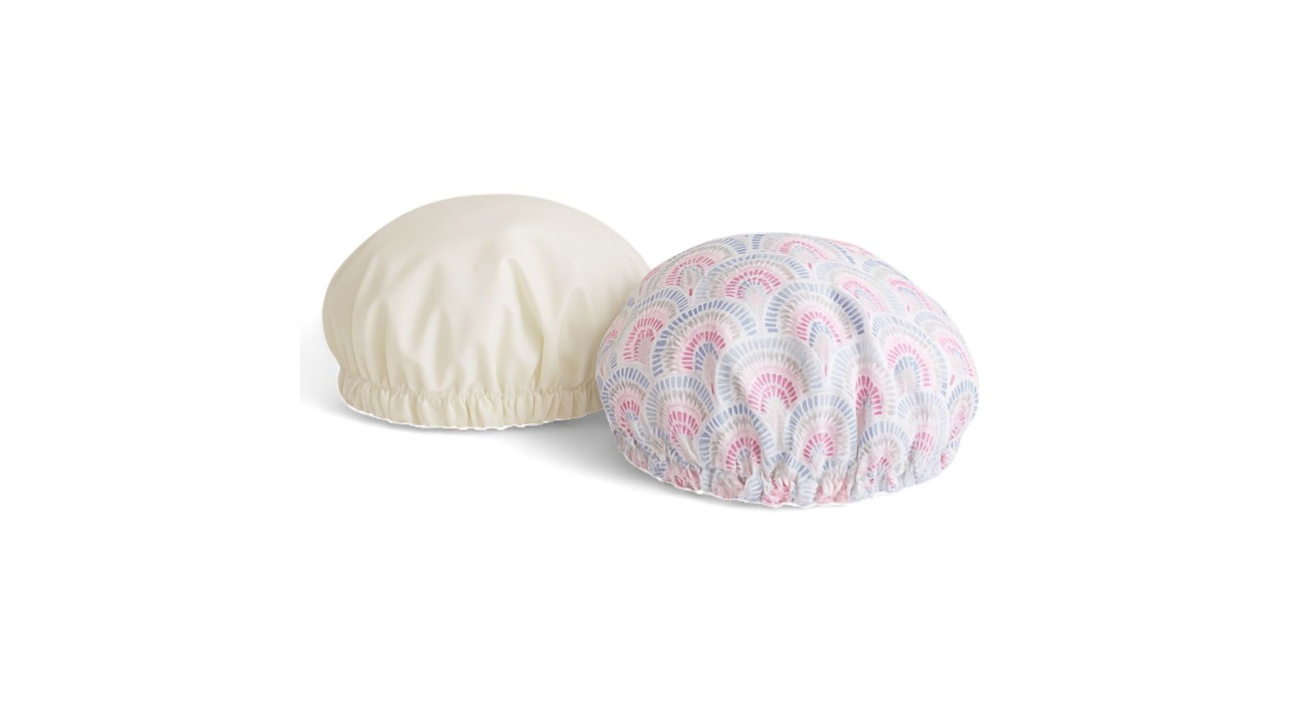 Spa Essentials 2-Pack Shower Caps – Reversible Waterproof Caps with Stylish Patterns & Solid Colors – Hair Protection, Green & Blush Rainbow Fan