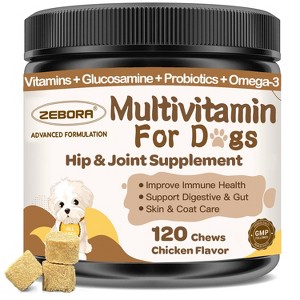 ZEBORA Dog Multivitamin with Probiotics – Supports digestion, immunity, joints, skin & coat. Contains glucosamine, omega 3, probiotics – 120 chews - 1 of 4