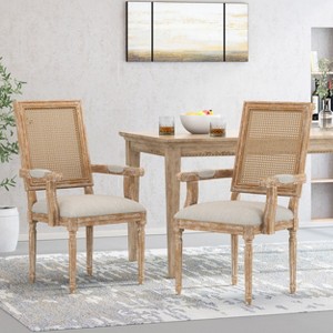 GDFStudio Zentner French Country Wood and Cane Upholstered Dining Chairs (Set of 2) - 1 of 4