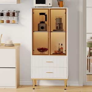 Fluted Display Cabinet with Glass Door, Modern Storage Cabinet with 2 Drawers for Living Room and Office - 1 of 4