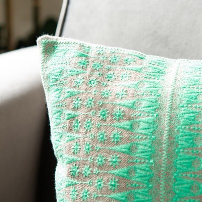 Teal and Beige Embroidered Rectangular Throw Pillow