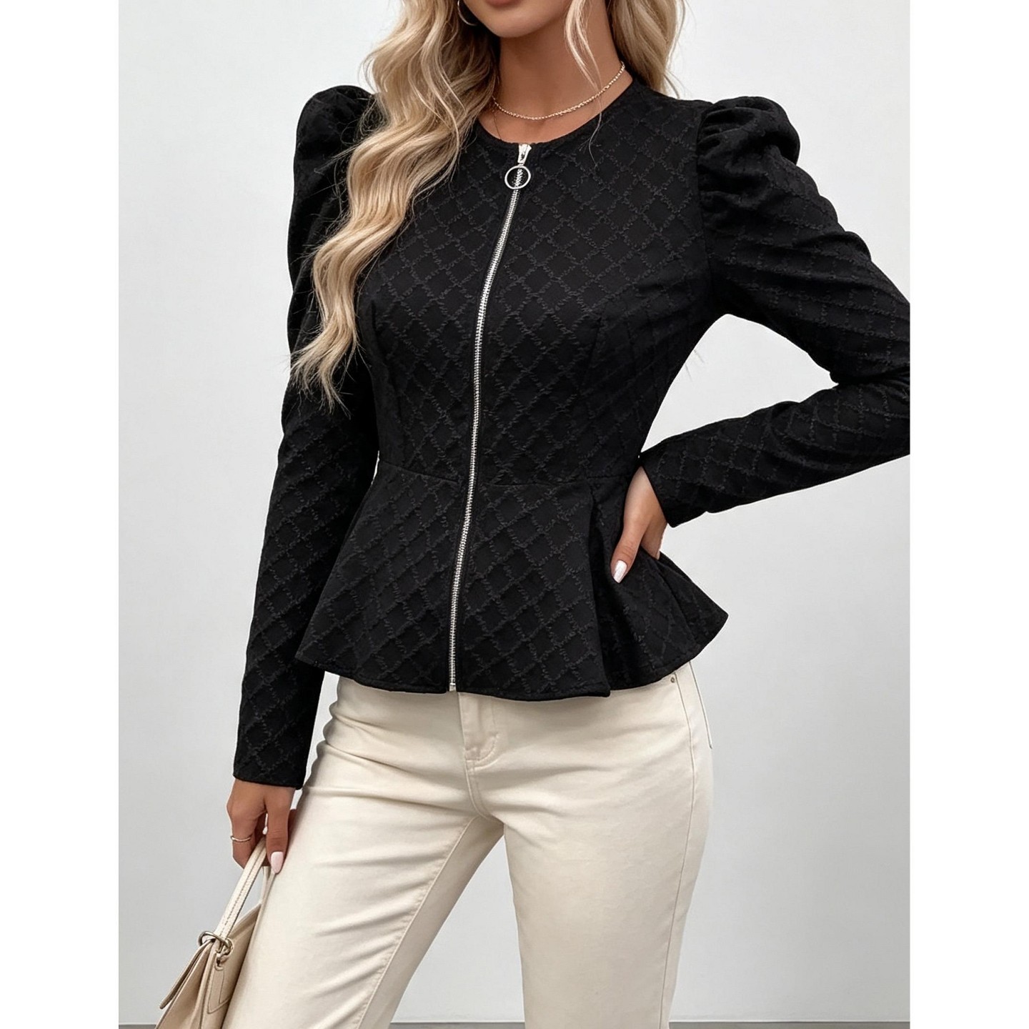 Женская куртка YesFashion Women Puff Sleeve Zip Up Peplum Jacket Elegant Textured Outerwear, Black, цвет: Чёрный — фото 4