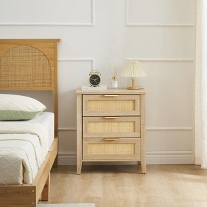 Nasitip Boho Nightstand Cabinet with 3 Natural Rattan Drawers, Bedside Table with Storage Drawers for Home Office - 1 of 4
