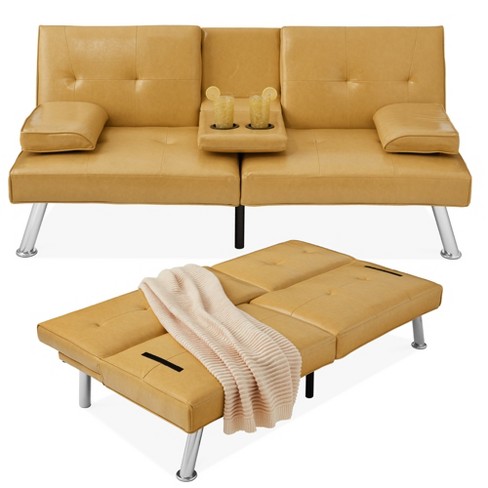 Best Choice Products Modern Faux Leather Convertible Futon Sofa W Removable Armrests 2 Cupholders Camel Yellow Target