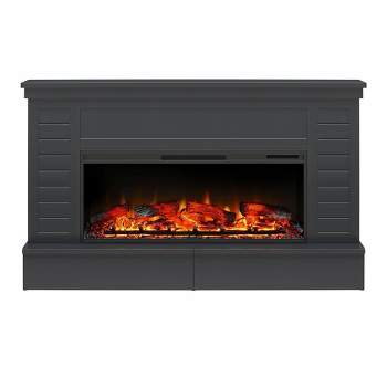 Hathaway Wide Shiplap Mantel with Linear Electric Fireplace and Storage Drawers Black - Room & Joy