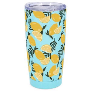 Elanze Designs 20 oz Stainless Steel On the Go Insulated Travel Tumbler With Push Top Lid, Citrus Lemon Pattern Sky Blue - 1 of 4