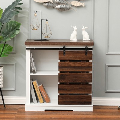 White and Dark Brown Wood Sliding Door Storage Cabinet