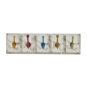 Olivia & May 7"x24" Wooden 5 Hanger Wall Hook White : Distressed MDF, Decorative Storage for Entryway - 1 of 4