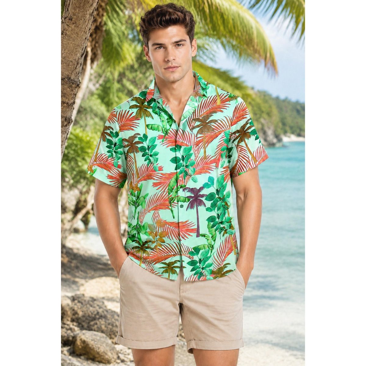 HAPPY BAY Mens Summer Vacation Resortwear Shirt Casual Beach Holiday Cruise Travel Lightweight Fashion Top 3XL Green Leaf - thumbnail 5