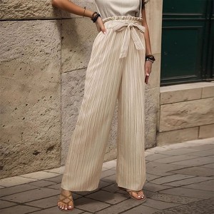 Coolmee Women Casual Wide Leg Pants High Waisted Elastic Tie Knot Stripe Boho Beach Trousers with Pockets - 1 of 4