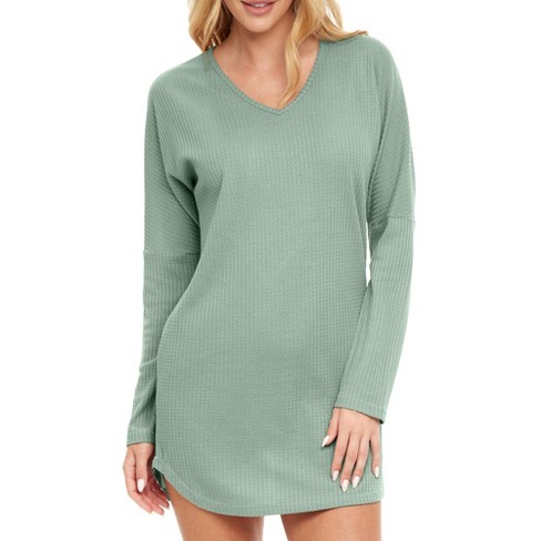 Adr Women's Long Sleeve Ribbed Knit Nightshirt, Button Up V-neck