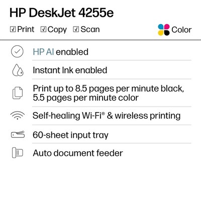 HP DeskJet 4255e Wireless All-in-One Color Printer Scanner Copier with 3 Months Free Instant Ink (588S6A)