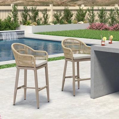 PURPLE LEAF Outdoor Bar Stools Set of 2 Patio Metal Modern Wicker Bar Chairs Woven Aluminum Barstools