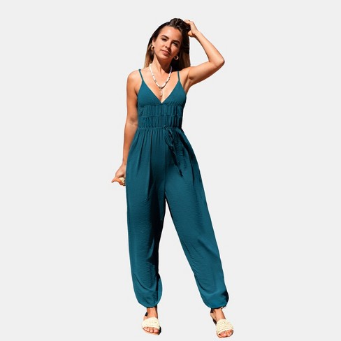 Women's Blue V-Neck Lace-Up Tapered Jumpsuit - Cupshe - image 1 of 4