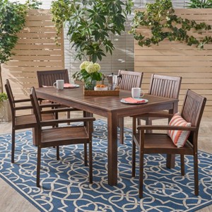 GDFStudio Paoha Outdoor Acacia Wood 7 Piece Dining Set with Slatted Design - 1 of 4