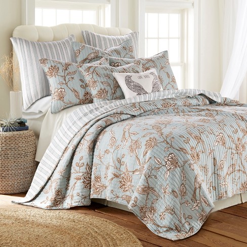 Tanzie Teal Floral Quilt Set - King Quilt And Two King Pillow Shams ...