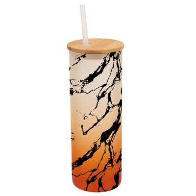 Elanze Designs Marble Abstract Texture Wrap-Around Design 25 Ounce Frosted Gradient Glass On-The-Go Coffee Travel Skinny Tumbler Mug Cup, Bamboo Lid