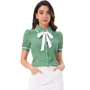 Allegra K Women's Polka Dots Peter Pan Collar Tie Neck Short Sleeve Shirt - 1 of 4